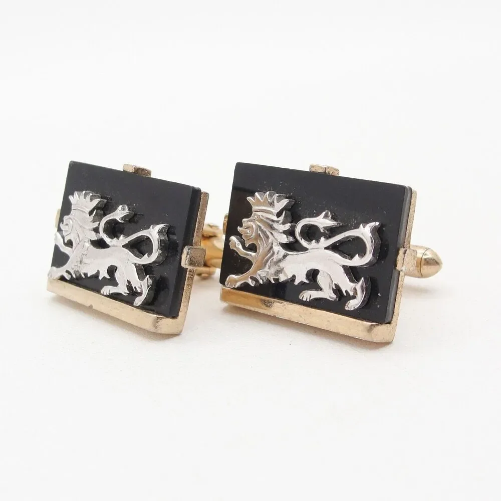 Vintage Swank Lion Cufflinks Heraldic Crowned Black Onyx Silver Gold Tone MCM